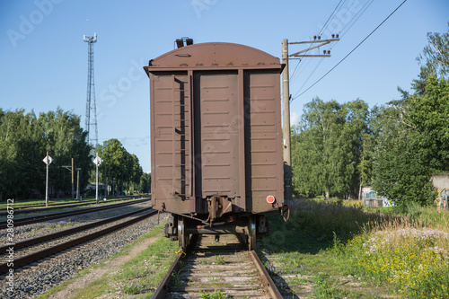 City Riga, Latvia Republic. A freight wagon is standing on a rail track. Juny 28. 2019 Travel photo. photo