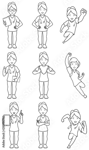 Nurse Asian Female Line Art