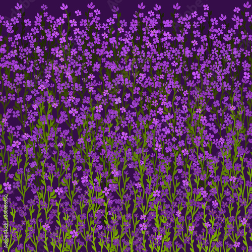 Meadow floral horizontal vector seamless pattern. Lots of small purple violets, green stalks and leaves on black background. Fairytale ornamental garden template for design, decor, border, poster.