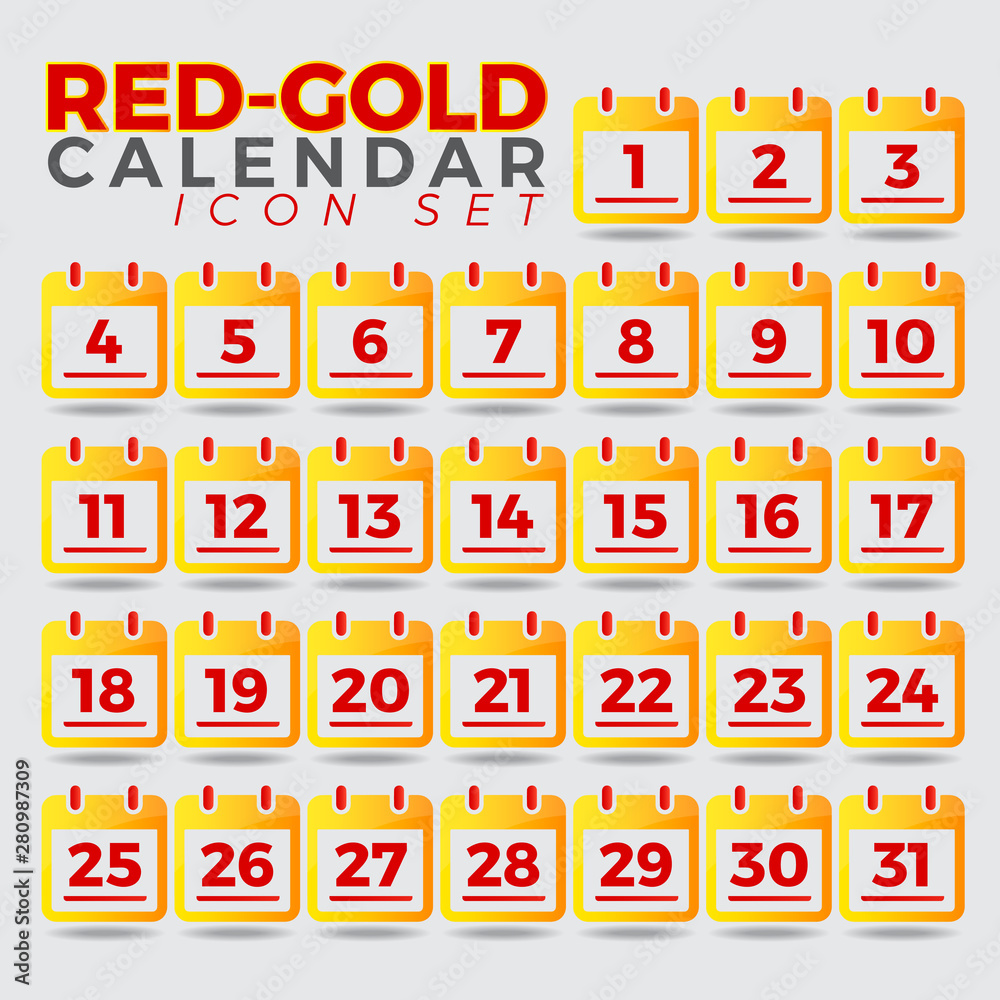 bold and vibrant red-gold calendar icon set featuring all 31 days, perfect for planners, scheduling apps, and time management designs. Clean and professional vector style bold and vibrant red-gold calendar icon set featuring all 31 days, perfect for planners, scheduling apps, and time management designs. Clean and professional vector style