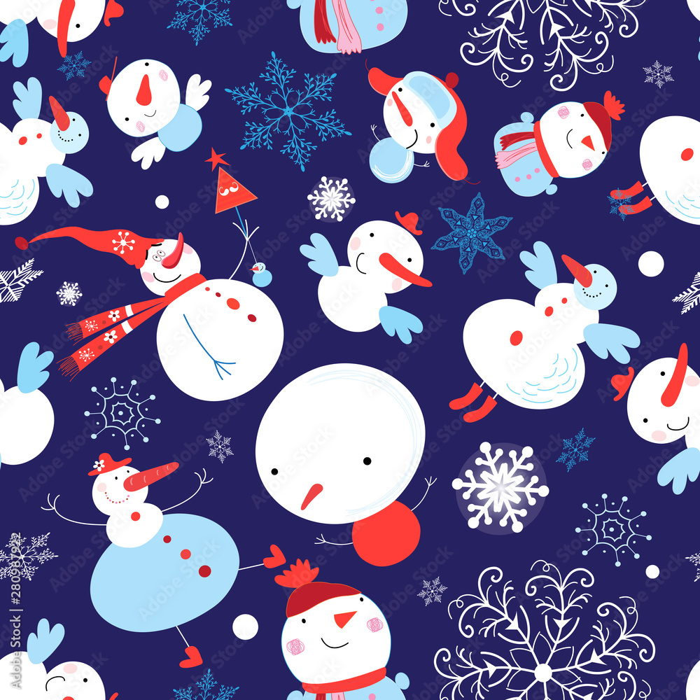 Christmas color pattern of funny snowmen on a blue background