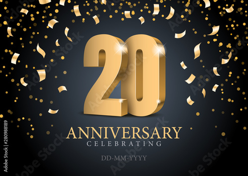 Anniversary 20. gold 3d numbers. Poster template for Celebrating 20th anniversary event party. Vector illustration