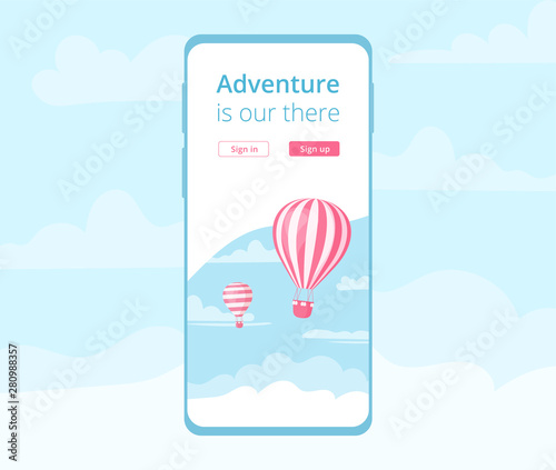 Booking mobile application hot air balloon vector illustration. Mobile phone screen with application ui template for online travel booking with red hot air balloon on blue mountain landscape. photo