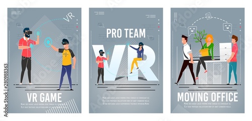 VR Game, Pro Team, Moving Office Flat Poster Set