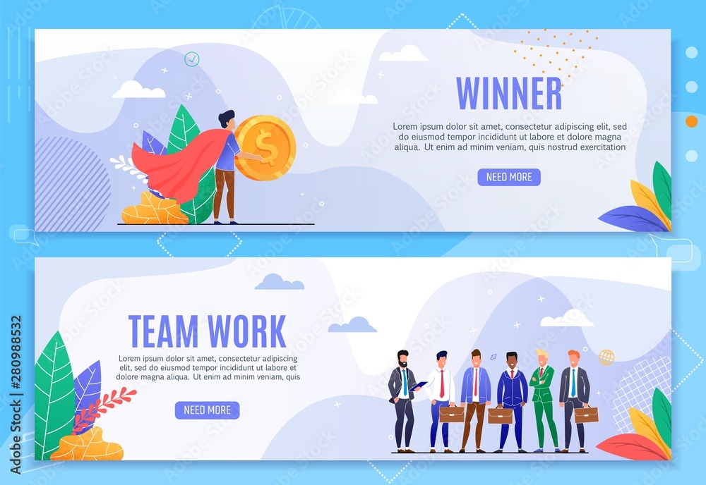 Naklejka premium Winner and Team Work Cartoon Header Banner Set