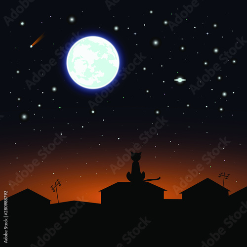 vector full moon. glowing halo. comets and planets. starry sky. roofs of houses. cat on the roof. can be used as a background  postcard  pattern on clothes  scrapbooking  book illustration