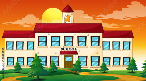 School building sunset scene