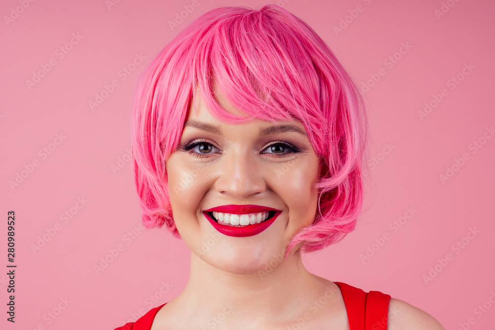 Pink hair woman with red sexy lips studio background salon,black friday sales Pink hair woman with red sexy lips studio background salon,black friday sales