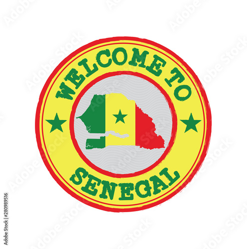 Vector stamp of welcome to Senegal with map outline of the nation in center.