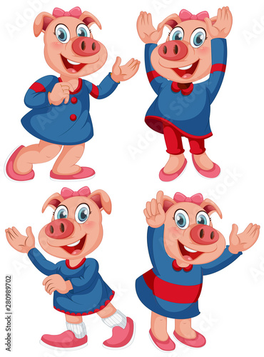 Isolated character with expression - happy pig in human poses