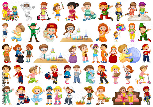 Kids in large group acting our varoous roles