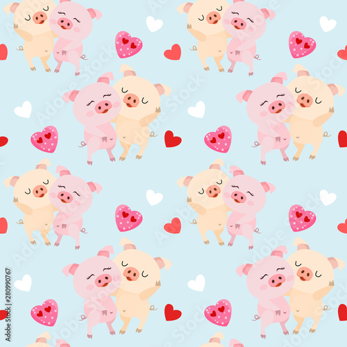 Fototapeta Naklejka Na Ścianę i Meble -  Cute couple pigs with heart shape seamless pattern.