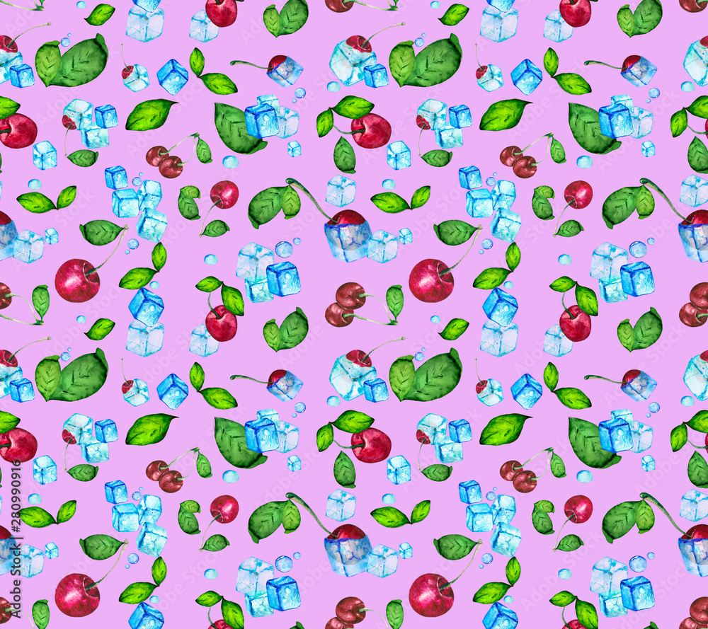 Seamless background of fresh cherry berries, green leaves and ice cubes. Refreshing bright background for Wallpaper, textiles, packaging and advertising of tea or soda. Seamless background of fresh cherry berries, green leaves and ice cubes. Refreshing bright background for Wallpaper, textiles, packaging and advertising of tea or soda.