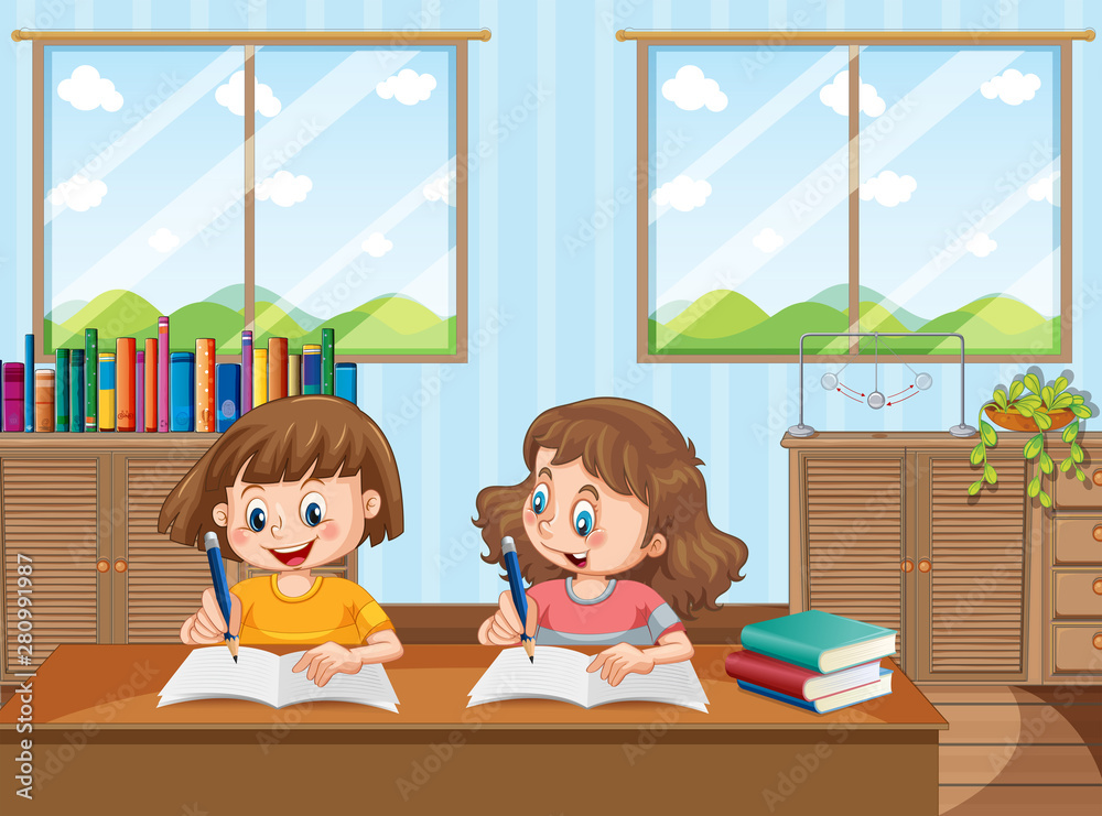Two young girls studying at home Two young girls studying at home