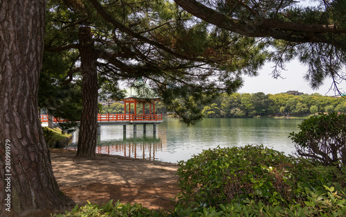 Ukimi-do Pavilion from Ohori Park Island. Chuo-ku, Fukuoka, Japan, Asia. photo