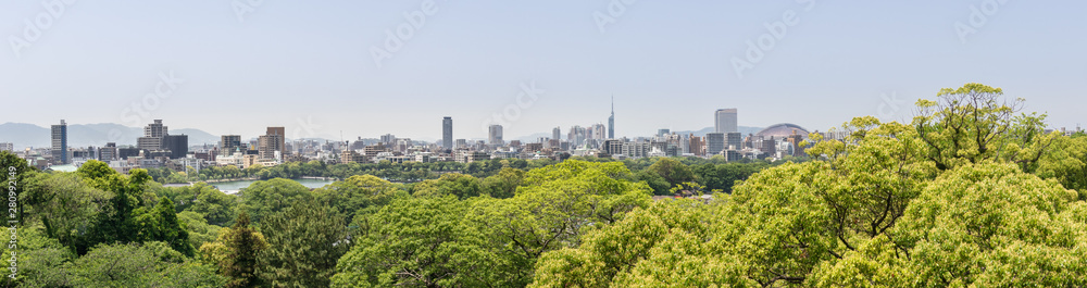 Skyline Panorama of Fukuoka (Hakata) and Ohori Park take from Castle. Chuo-ku, Fukuoka, Japan, Asia.