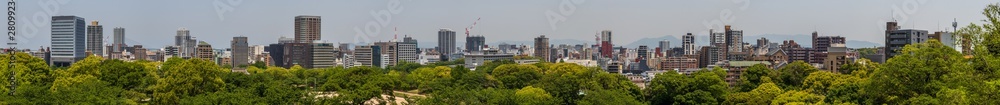 Large Skyline Panorama of Fukuoka (Hakata) and Ohori Park take from Castle. Chuo-ku, Fukuoka, Japan, Asia.