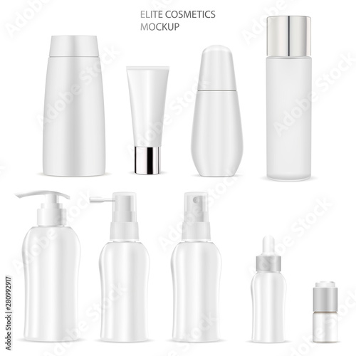 Cosmetic Bottle Mockup. Soap, Shampoo, Tube, Cream, Lotion White Product Blank. Realistic 3d Container With Pump Dispenser, Dropper for Body Care Cosmetics. Luxury Packaging Template Design