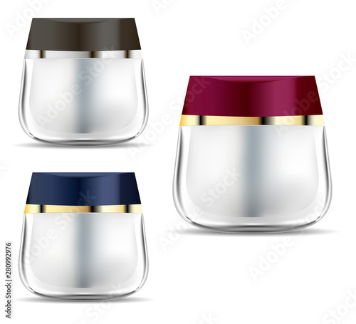 Cosmetic Jar. Cream Container. Brand Beauty Product Bottle. Transparent Glass Blank Design for Skin and Body Care Creme. Empty 3d Packaging without Logo for Liquid, Powder. Luxury Glossy Mockup