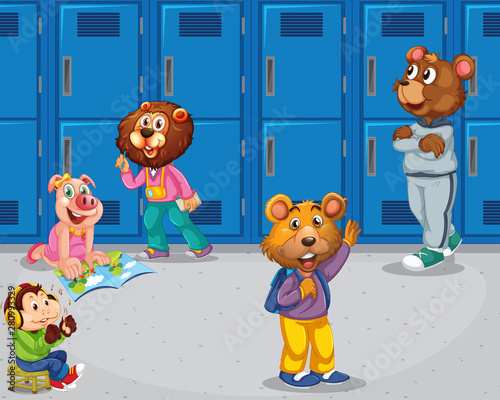 Pig, monkey, bears in school setting