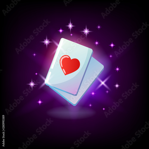 Ace of hearts, red heart suit card, ace, slot icon for online casino or logo for mobile game winning combination, poker hand on dark purple background, vector illustration.