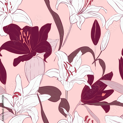 Pink lily seamless pattern design. Botanical hand-drawn flowers. Summer bloom, floral beauty decoration, nature background