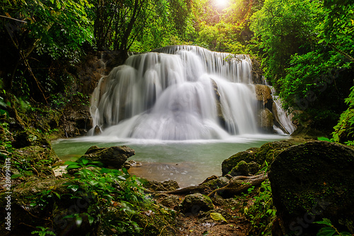 Beautiful waterfall in the national park forest at Huai Mae Khamin Waterfall  Kanchanaburi Thailand