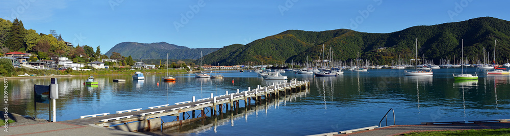 Waikawa Bay Early Morning Panorama with Jetty, Marlborough Sound, NZ Waikawa Bay Early Morning Panorama with Jetty, Marlborough Sound, NZ