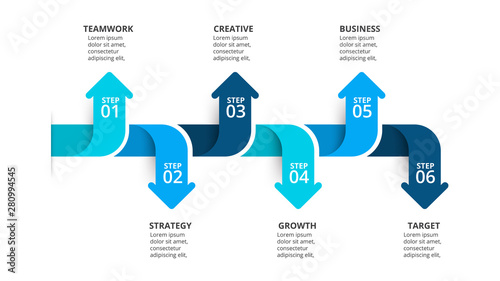 Six arrows infographic elements. Business template for presentation. Vector concept with 6 options or steps.