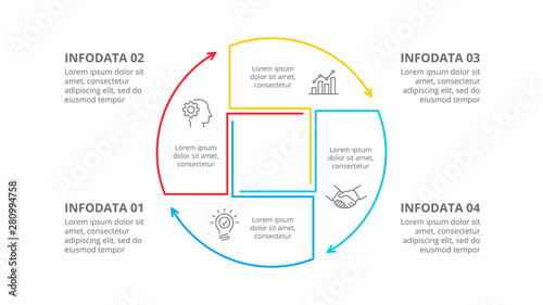 Thin line cycle infographic with arrows. Modern concept design template with 4 options, steps or parts. Flat vector illustration for business presentation
