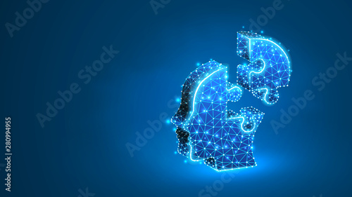 Head Jigsaw Puzzle silhouette. Autism problem, education process, human face concept. Abstract, digital, wireframe low poly mesh, Vector blue neon 3d illustration. Line dot