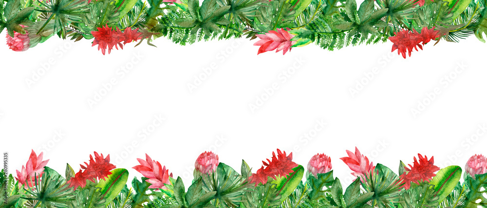 Fototapeta premium Watercolor hand painted nature border banner frame with grenn tropical leaves and red and pink jungle flowers for invitations and greeting cards with the space for text