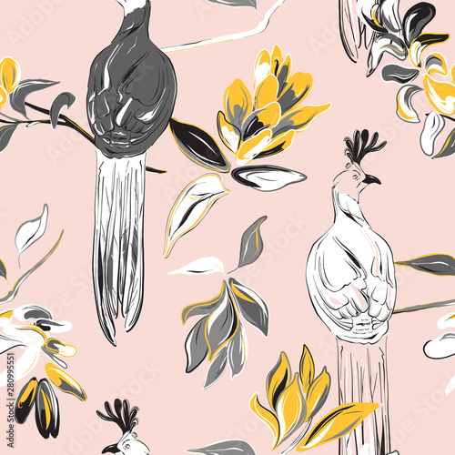 Botanical print with big birds and flower bloosom. Vector fabric print. Cute nature illustration. Wildlife Graphic design. Summer drawing sketch