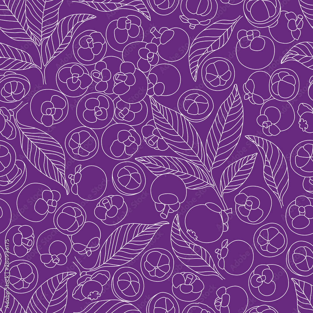 Mangosteen Line Drawing Seamless Pattern on Purple Background Mangosteen Line Drawing Seamless Pattern on Purple Background