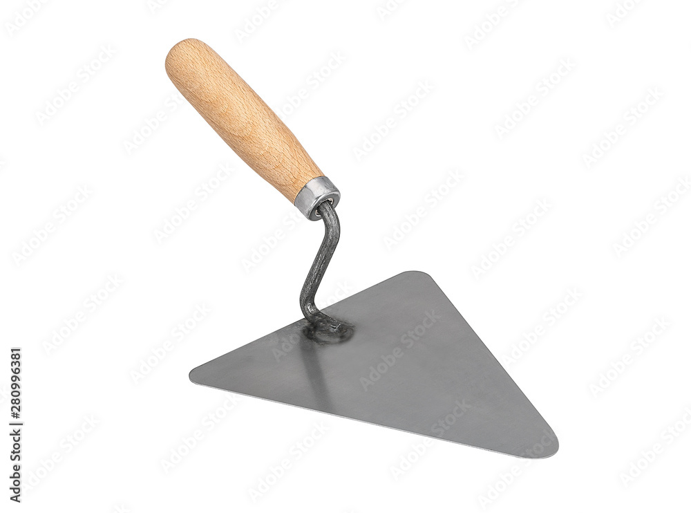 Trowel isolated on white background. Mason tool to builing with cement. Studio image, close up