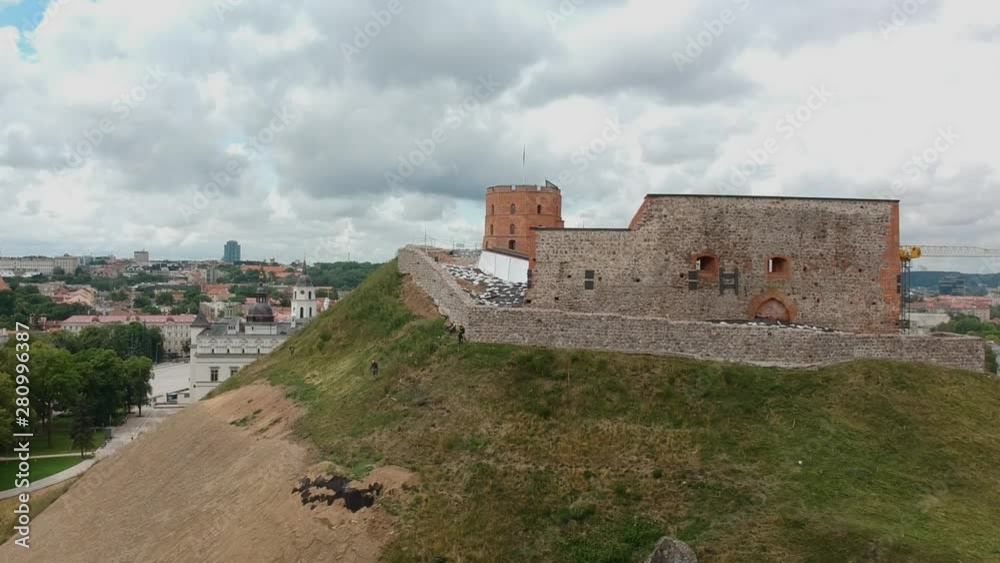Aerial shot rising showing the Gediminas tower, in Vilna, Lithuania. Aerial shot rising showing the Gediminas tower, in Vilna, Lithuania.