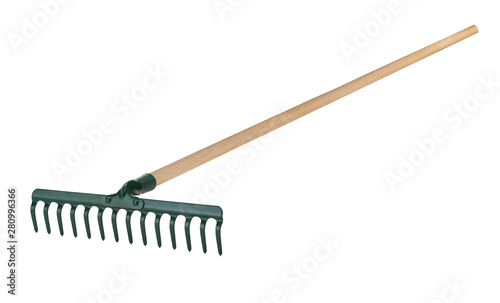Photo Metal rake with wooden handle isolated on white background