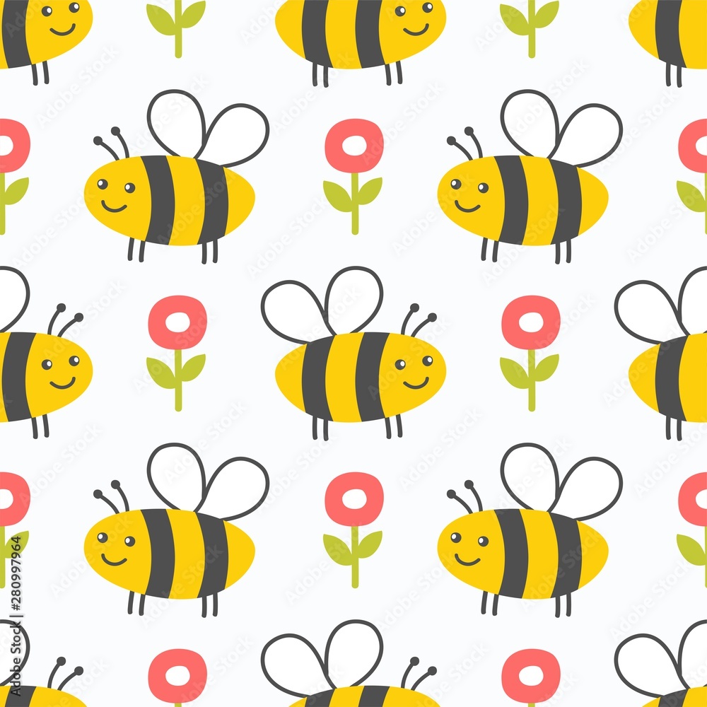 Obraz premium Cute honey seamless pattern. Bees and flowers kids background. Vector illustrstion.