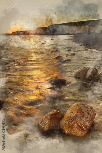 Digital watercolour painting of Landscape image of sunset over Birling Gap in England