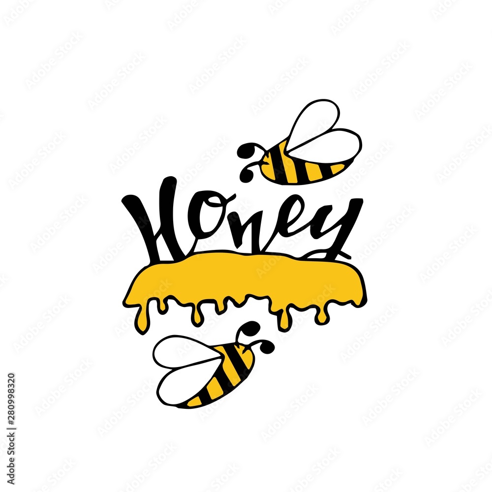 Honey splash dripping sweet drops from bee honeycomb with bee poster for beekeeping honey shop or bakery. Vector design of dropping honey syrup for desserts or cafeteria and patisserie cakes.