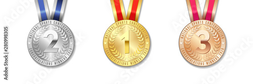 Realistic vector 3d gold, silver and bronze award medal icon set with color ribbons isolated on white background. The first, second, third place on sport tournament, victory concept vector prizes