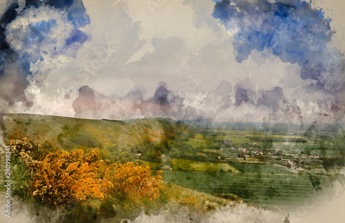 Digital watercolour painting of Vibrant sunrise over countryside landscape