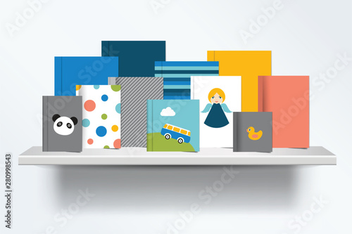 Children, kids Bookshelf. Front view of books cover standing on grey background with shadows. Vector illustration.