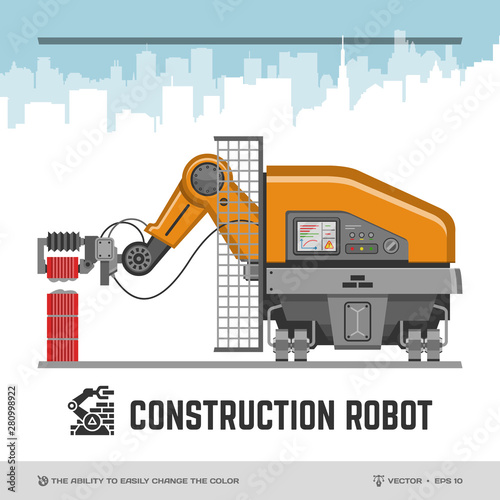 Construction robot flat illustration with automated bricklaying autonomous machine mockup (The ability to easily change the color) and glyph icon.