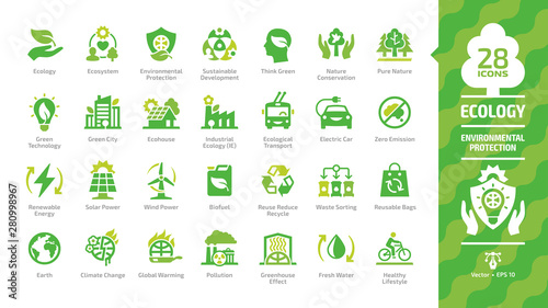 Ecology green icon set with ecological city, eco technology, renewable energy, environmental protection, sustainable development, nature conservation, climate change and global warming symbols.