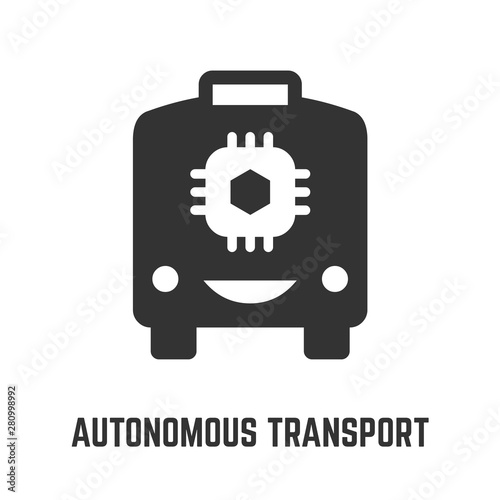 Autonomous self drive transtport icon with driverless smart cute robot bus vehicle and processor board glyph symbol. photo