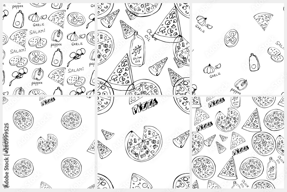 Seamless pattern set with hand drawn pizza slices. Seamless pattern set with hand drawn pizza slices.