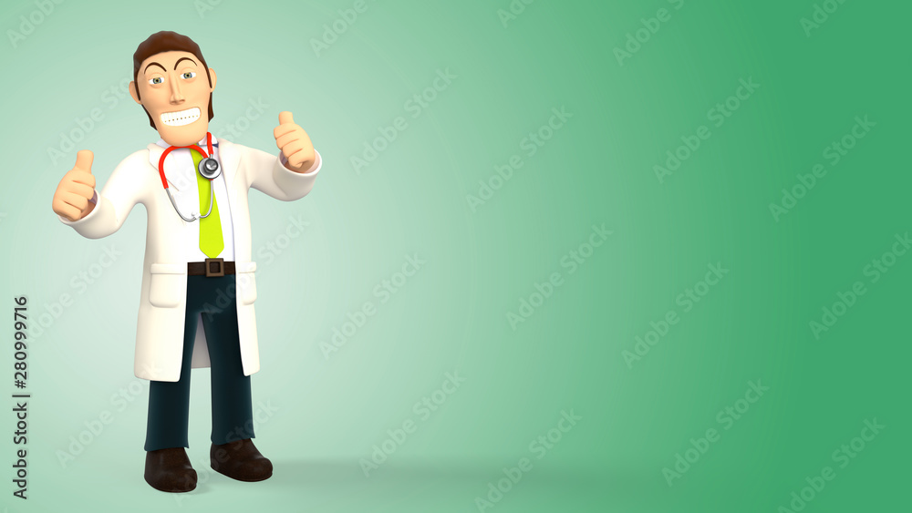 Young cartoon 3d doctor happy and smiling with his thumbs up, in white coat with a stethoscope, isolated on green gradient background 3d rendering Young cartoon 3d doctor happy and smiling with his thumbs up, in white coat with a stethoscope, isolated on green gradient background 3d rendering