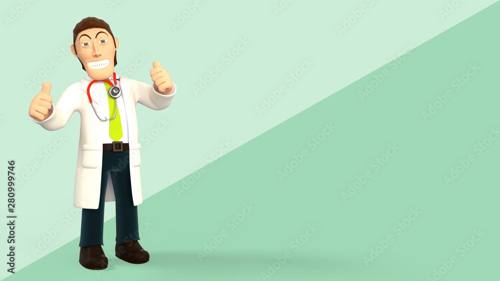 Young cartoon 3d doctor happy and smiling with his thumbs up, in white coat wearing a stethoscope, isolated on green diagonal splitted background 3d rendering Young cartoon 3d doctor happy and smiling with his thumbs up, in white coat wearing a stethoscope, isolated on green diagonal splitted background 3d rendering