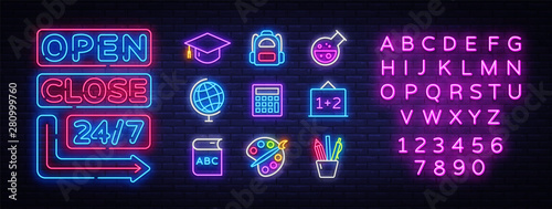 School icons set. Back to school collection neon signs. Open Close Bright sign boards, light banner. Neon isolated icon, emblem, design template. Vector Illustration